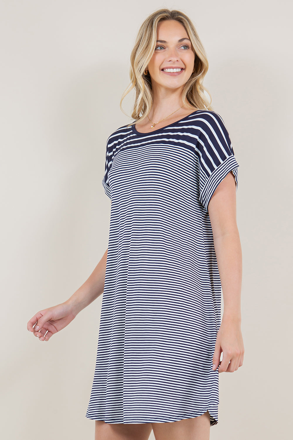 SS DOLMAN ROLL CUFF STRIPE BLOCK DRESS - D3405