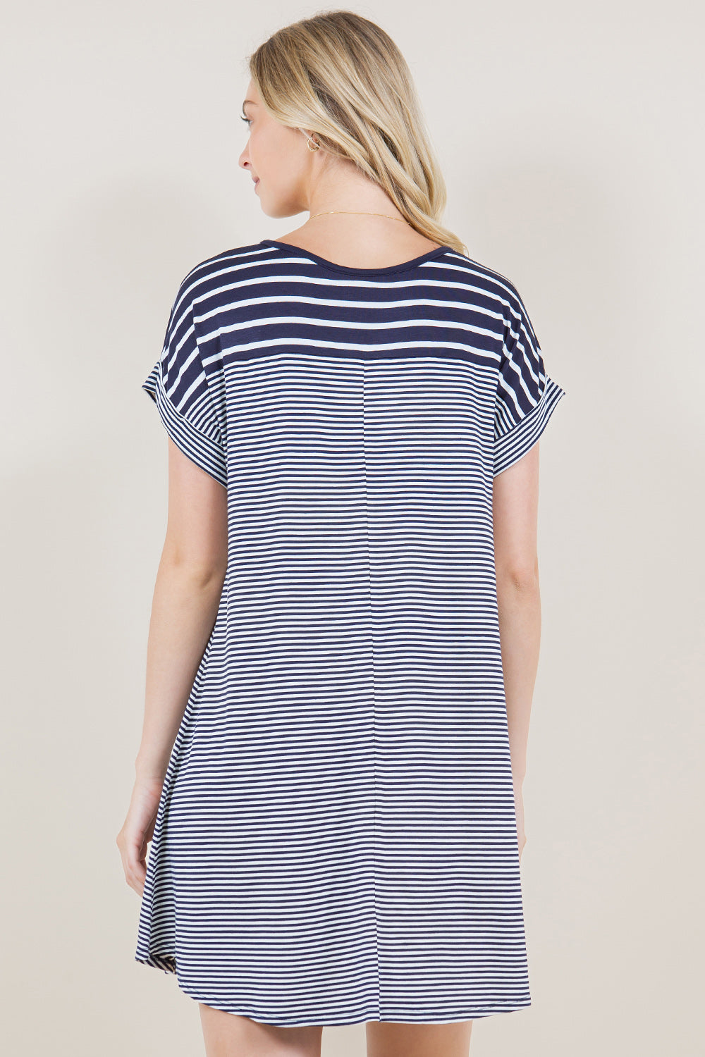 SS DOLMAN ROLL CUFF STRIPE BLOCK DRESS - D3405