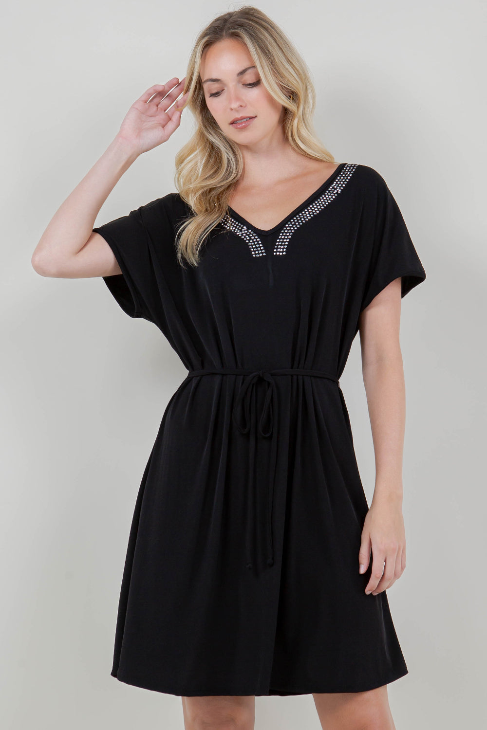 EXT CAP SLV STUDDED V NK ALINE DRESS W/NECK - D3410-ITY