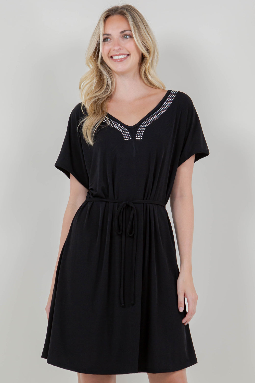 EXT CAP SLV STUDDED V NK ALINE DRESS W/NECK - D3410-ITY