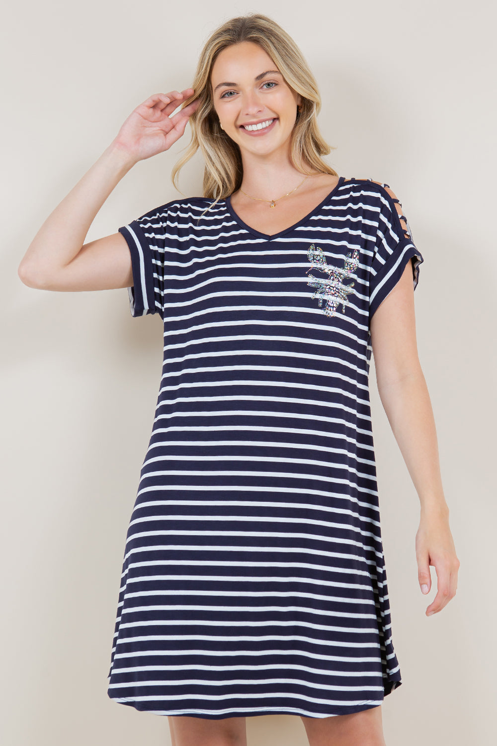 SS LATTICE DOLMAN V NECK SHIRTTAIL HEM DRESS - D3416