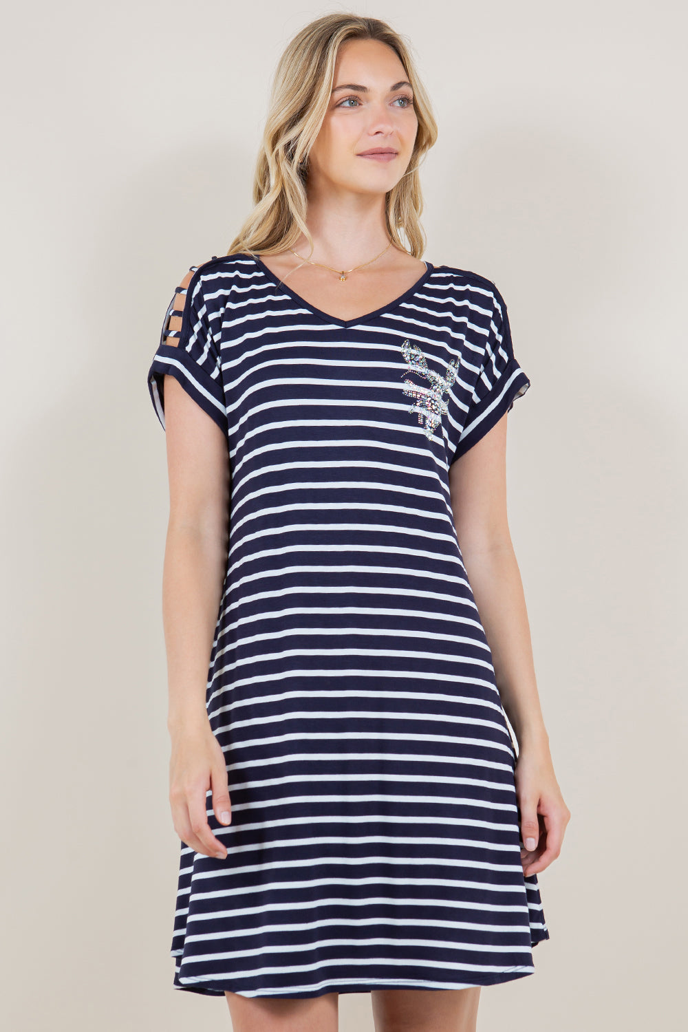 SS LATTICE DOLMAN V NECK SHIRTTAIL HEM DRESS - D3416