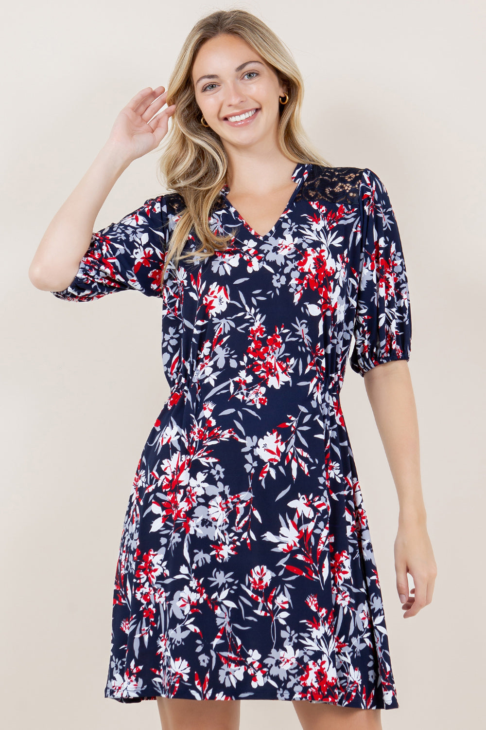 ELB SLV LACE YOKE NOTCH STAND COLLAR DRESS - D3418-5178-8