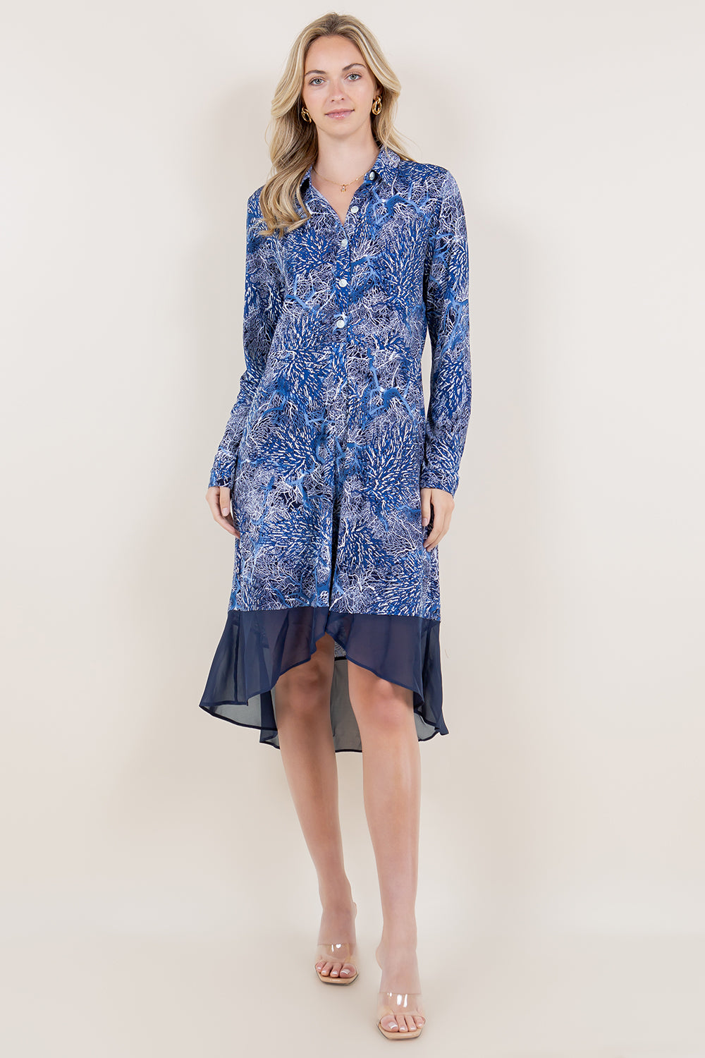 LS BUTTON FRONT HI LOW CHIFFON HEM DRESS - D3457-A4246-1-PFITY