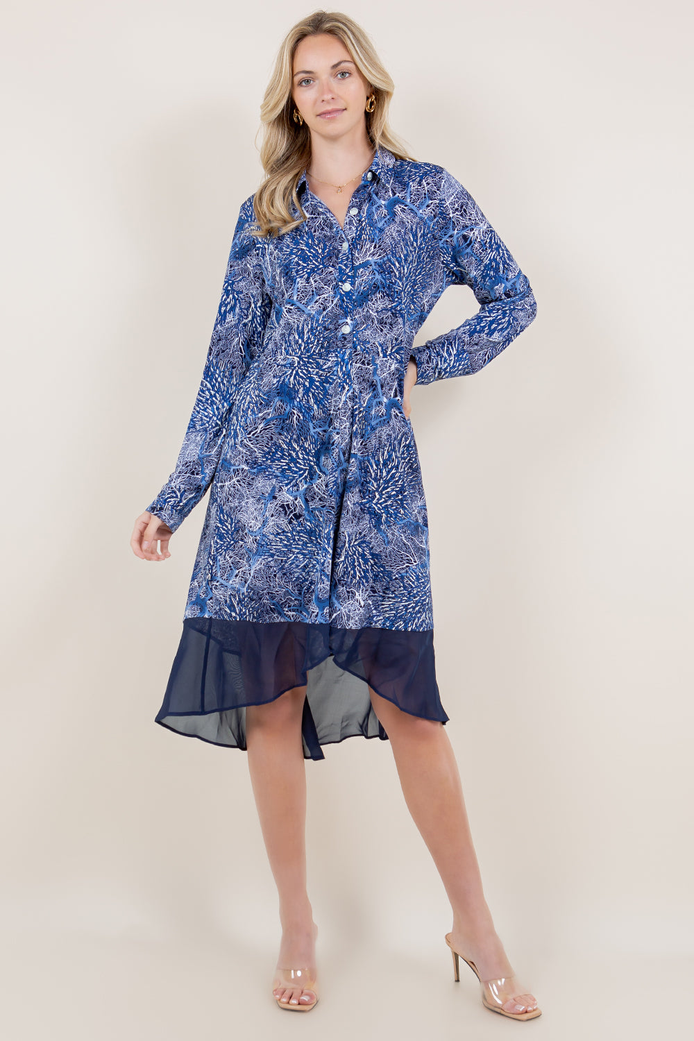 LS BUTTON FRONT HI LOW CHIFFON HEM DRESS - D3457-A4246-1-PFITY