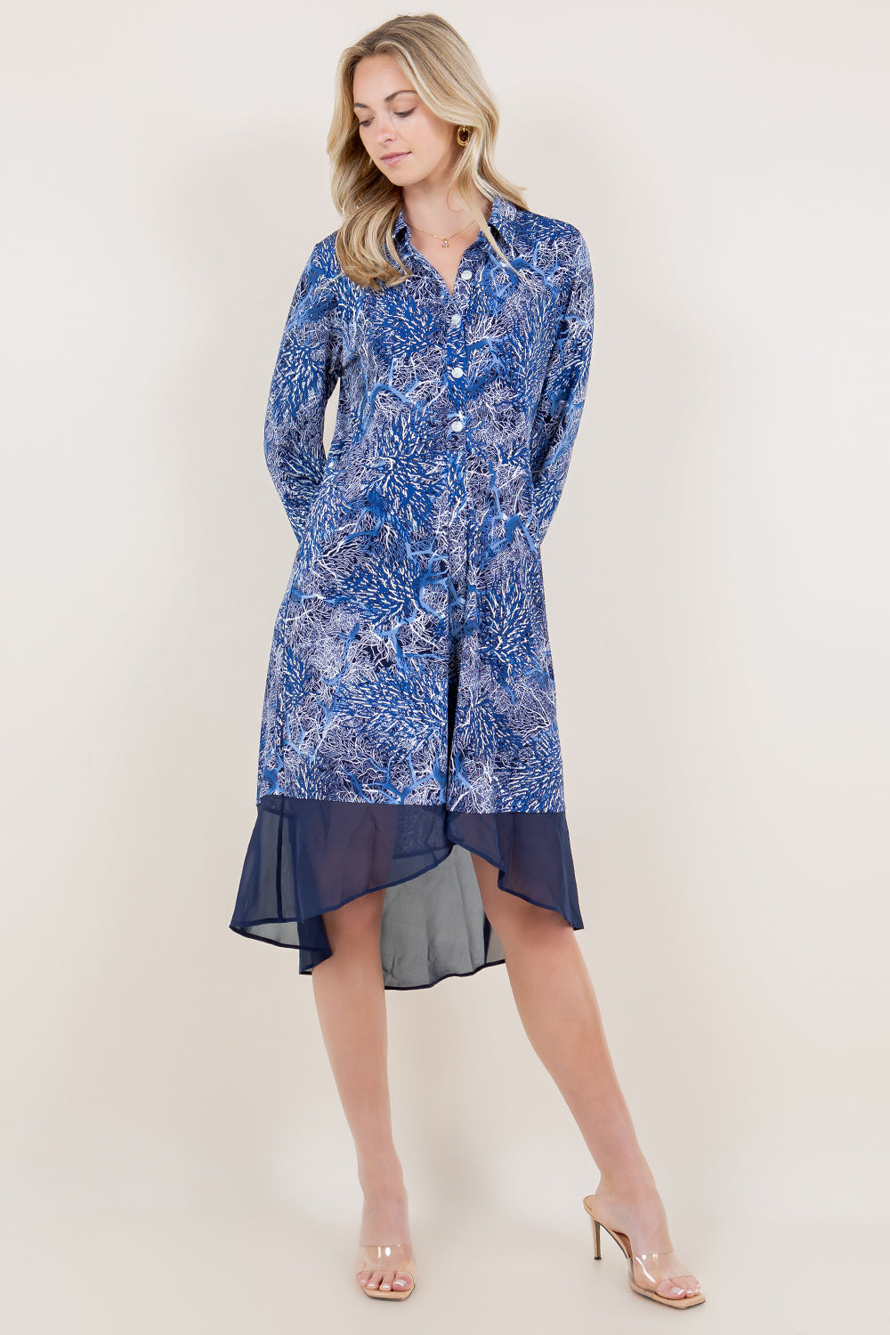 LS BUTTON FRONT HI LOW CHIFFON HEM DRESS - D3457-A4246-1-PFITY