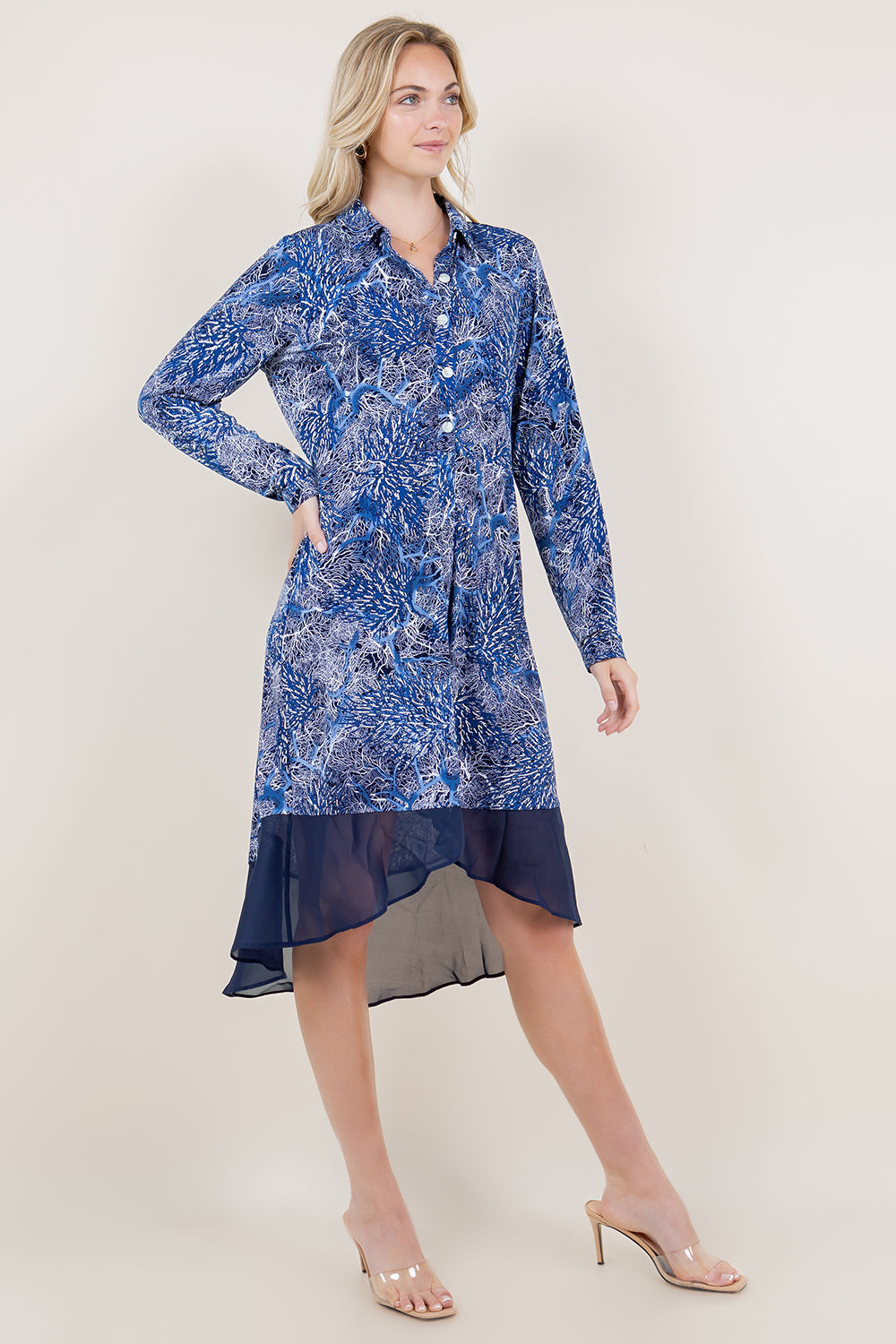 LS BUTTON FRONT HI LOW CHIFFON HEM DRESS - D3457-A4246-1-PFITY