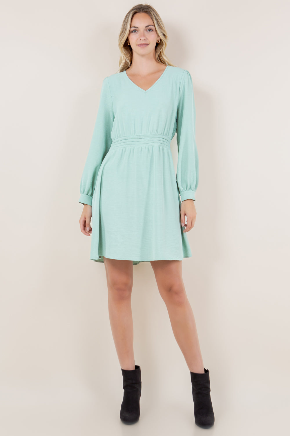 LS V NECK PLEATED WAIST ALINE DRESS - D3458-AFLW