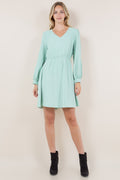 LS V NECK PLEATED WAIST ALINE DRESS - D3458-AFLW