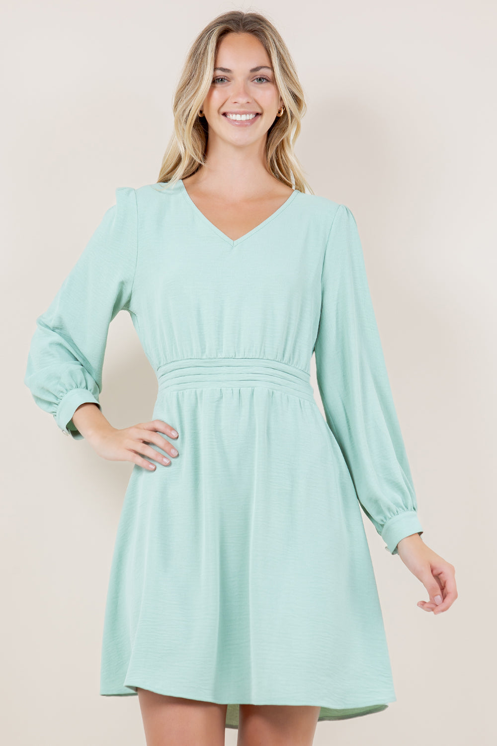 LS V NECK PLEATED WAIST ALINE DRESS - D3458-AFLW