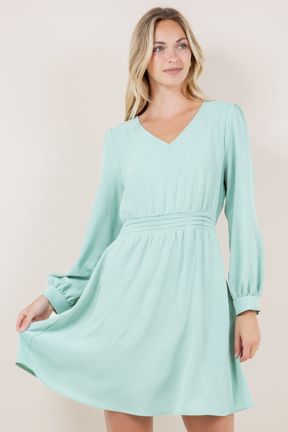 LS V NECK PLEATED WAIST ALINE DRESS - D3458-AFLW