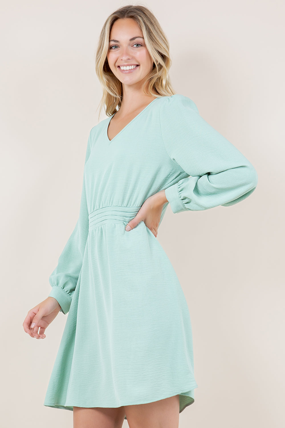LS V NECK PLEATED WAIST ALINE DRESS - D3458-AFLW