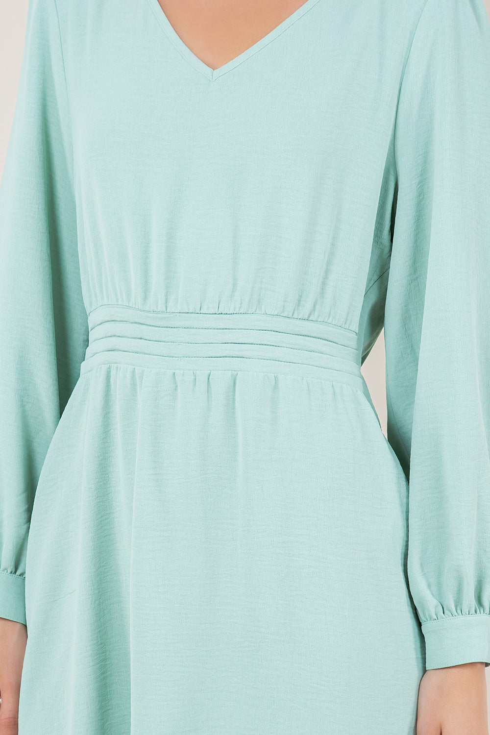 LS V NECK PLEATED WAIST ALINE DRESS - D3458-AFLW