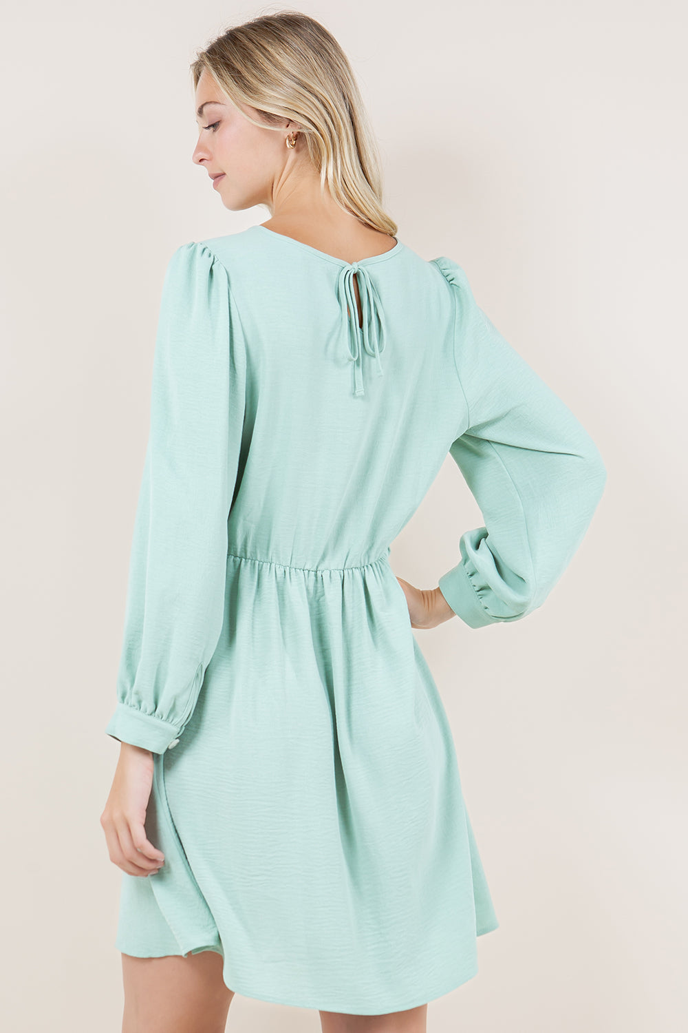 LS V NECK PLEATED WAIST ALINE DRESS - D3458-AFLW
