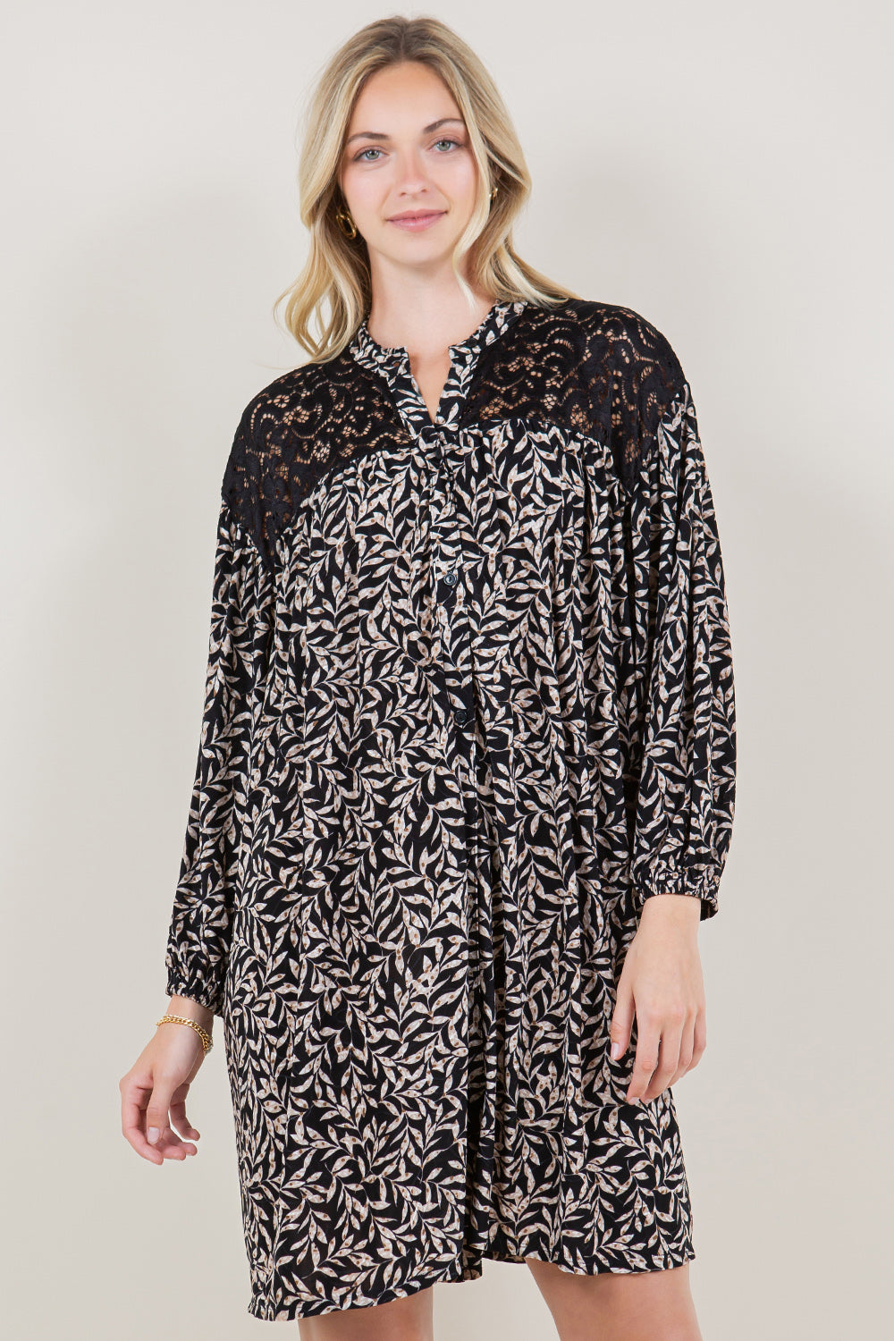 LS RUFFLE COLLAR STAND LACE YOKE DRESS - D3464-0301-2