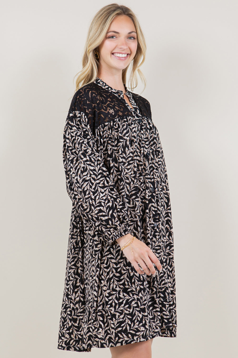 LS RUFFLE COLLAR STAND LACE YOKE DRESS - D3464-0301-2