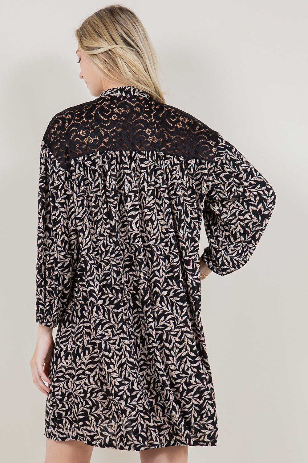 LS RUFFLE COLLAR STAND LACE YOKE DRESS - D3464-0301-2