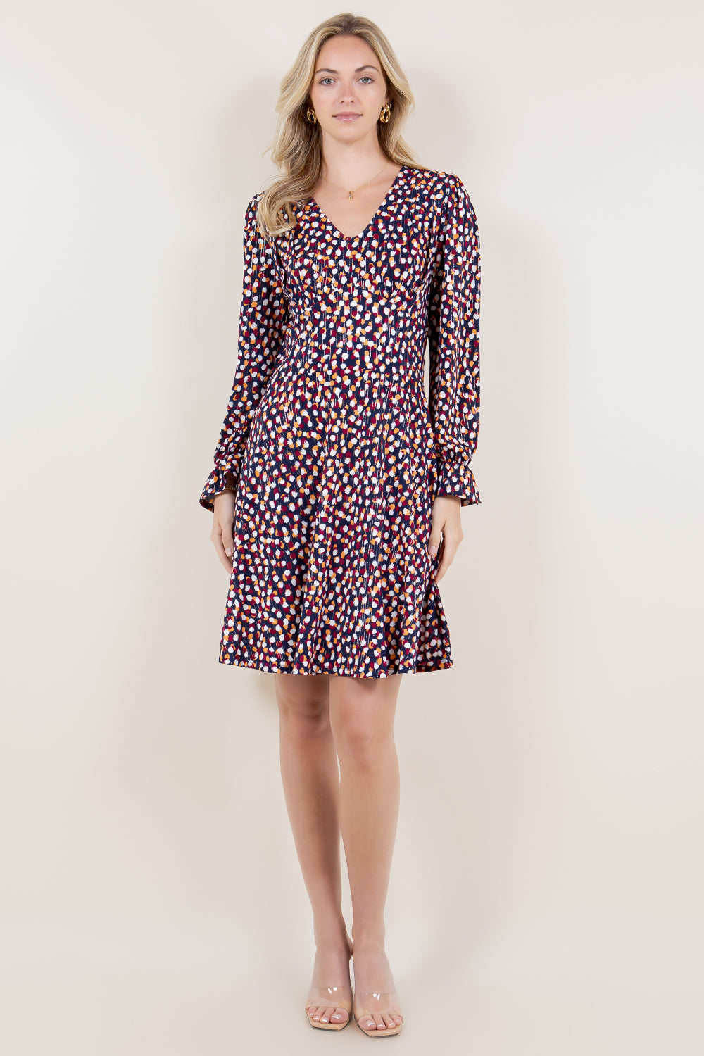 LS RUFFLE HEM V NECK PLEATED ALINE DRESS - D3497-A1281-1-FLMSCRP