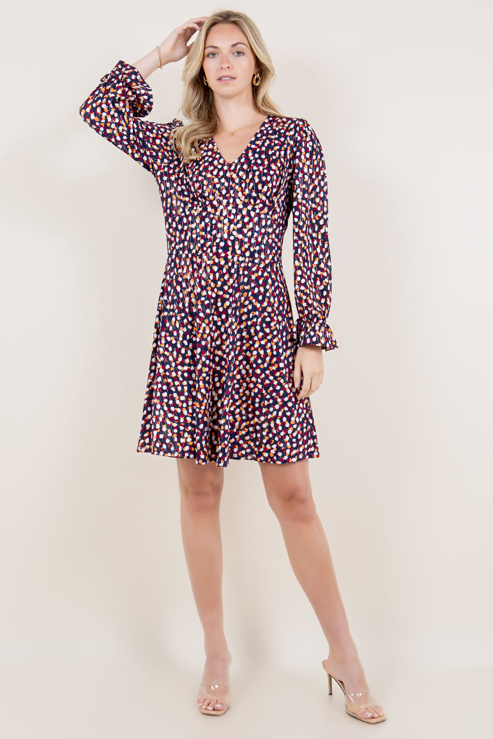 LS RUFFLE HEM V NECK PLEATED ALINE DRESS - D3497-A1281-1-FLMSCRP