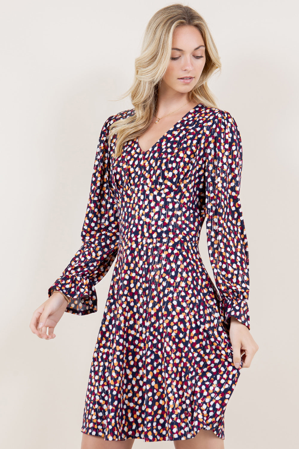 LS RUFFLE HEM V NECK PLEATED ALINE DRESS - D3497-A1281-1-FLMSCRP