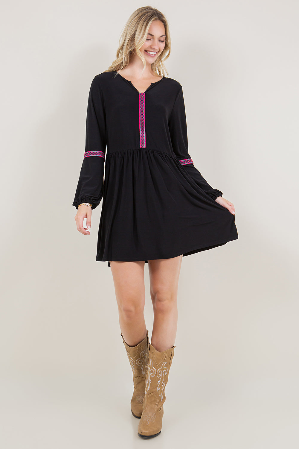 PUFF LS NOVELTY TRIM ALINE DRESS - D3498-ITY-BLK