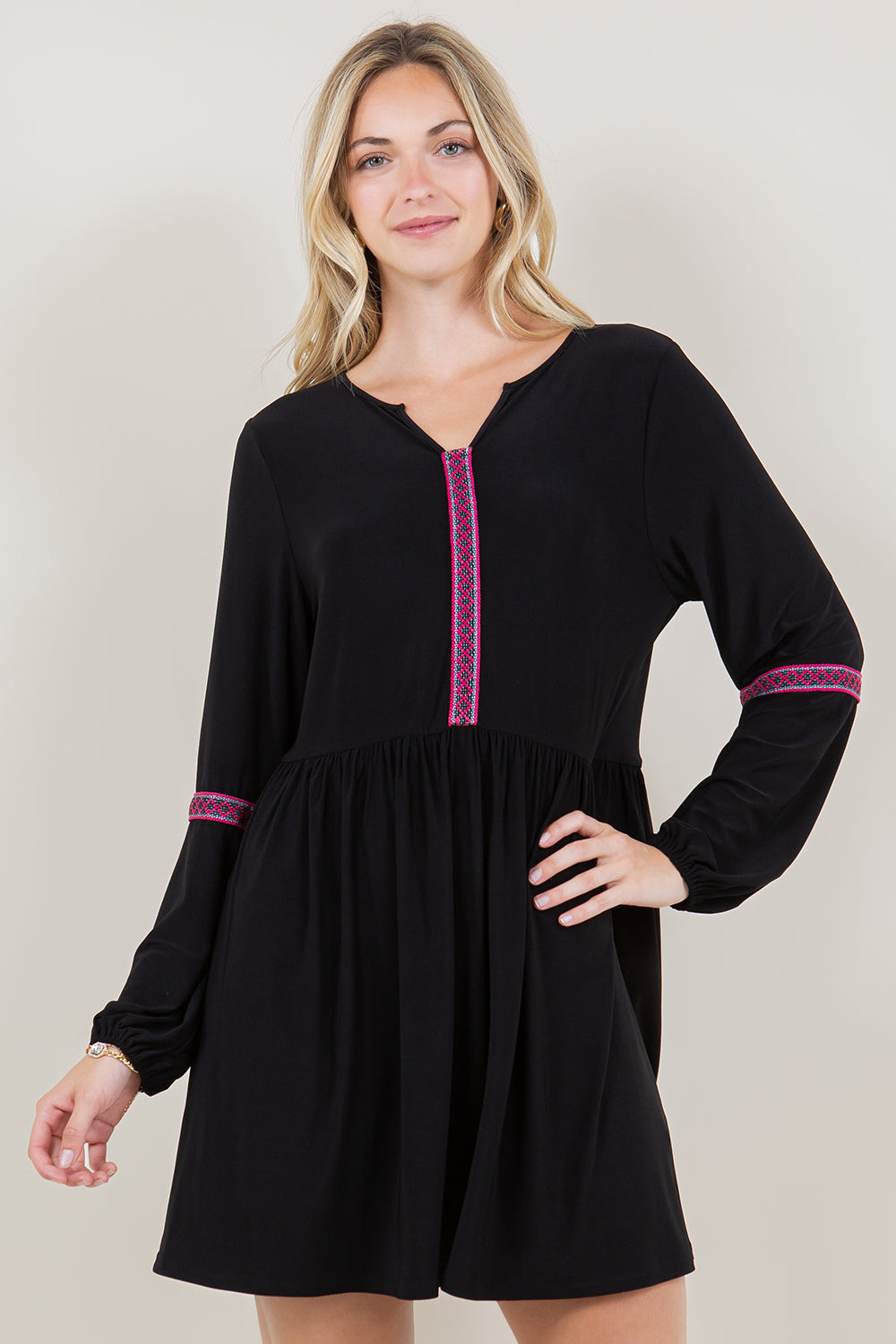 PUFF LS NOVELTY TRIM ALINE DRESS - D3498-ITY-BLK
