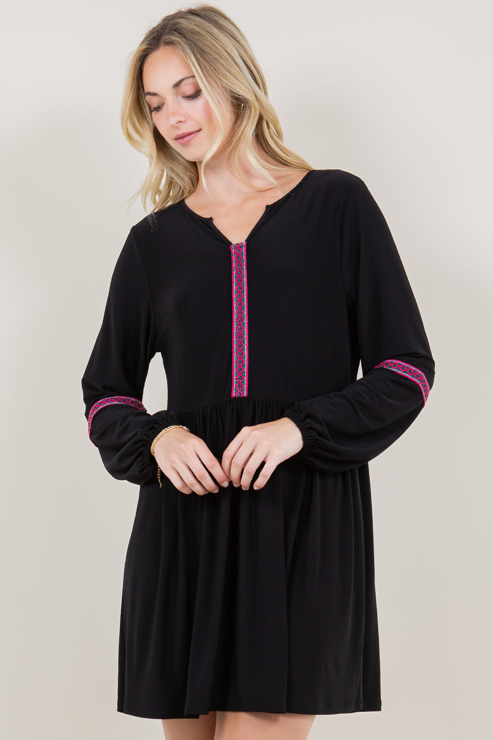 PUFF LS NOVELTY TRIM ALINE DRESS - D3498-ITY-BLK
