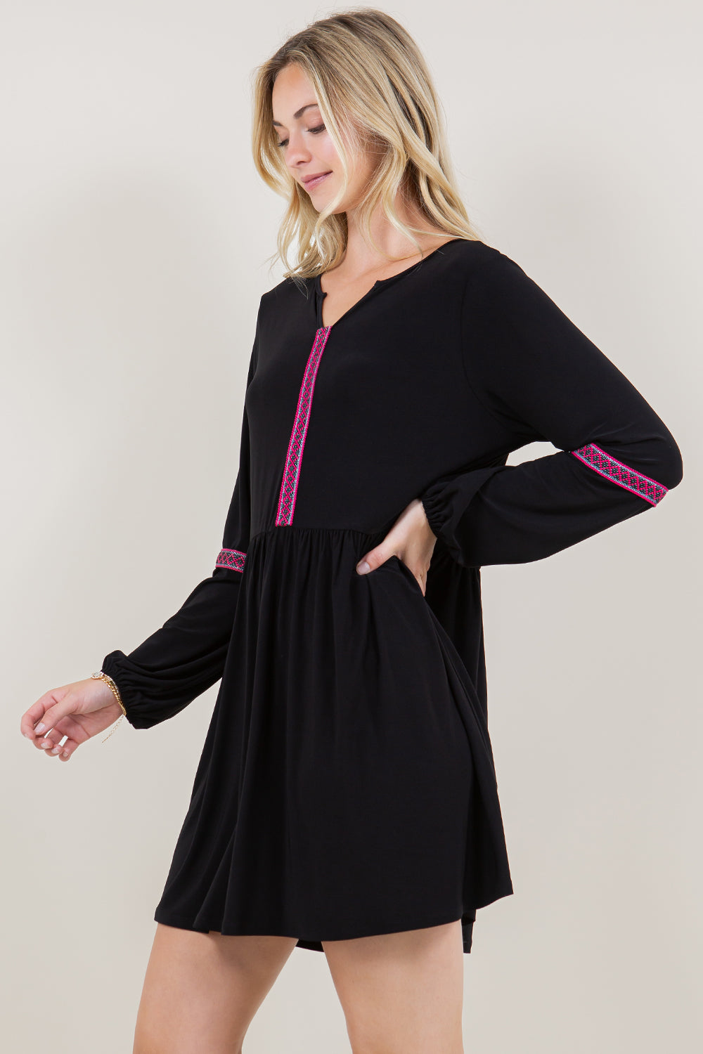 PUFF LS NOVELTY TRIM ALINE DRESS - D3498-ITY-BLK