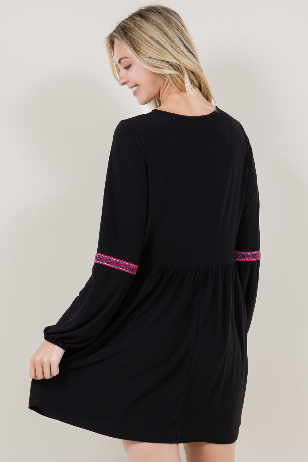 PUFF LS NOVELTY TRIM ALINE DRESS - D3498-ITY-BLK