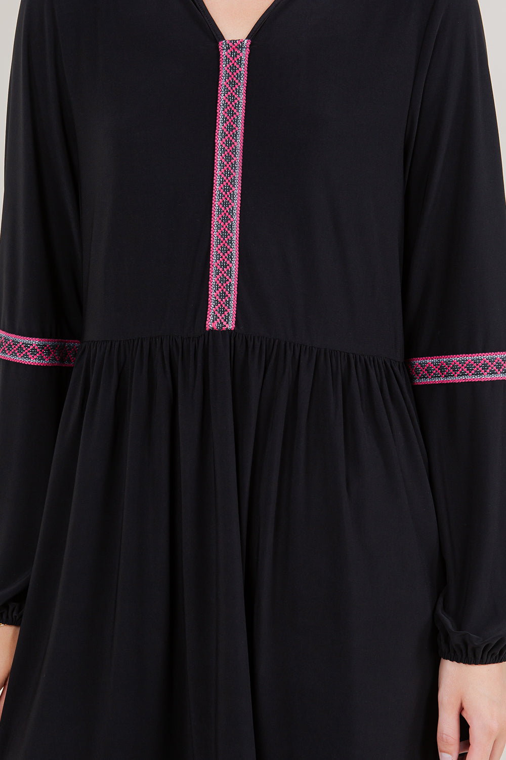 PUFF LS NOVELTY TRIM ALINE DRESS - D3498-ITY-BLK