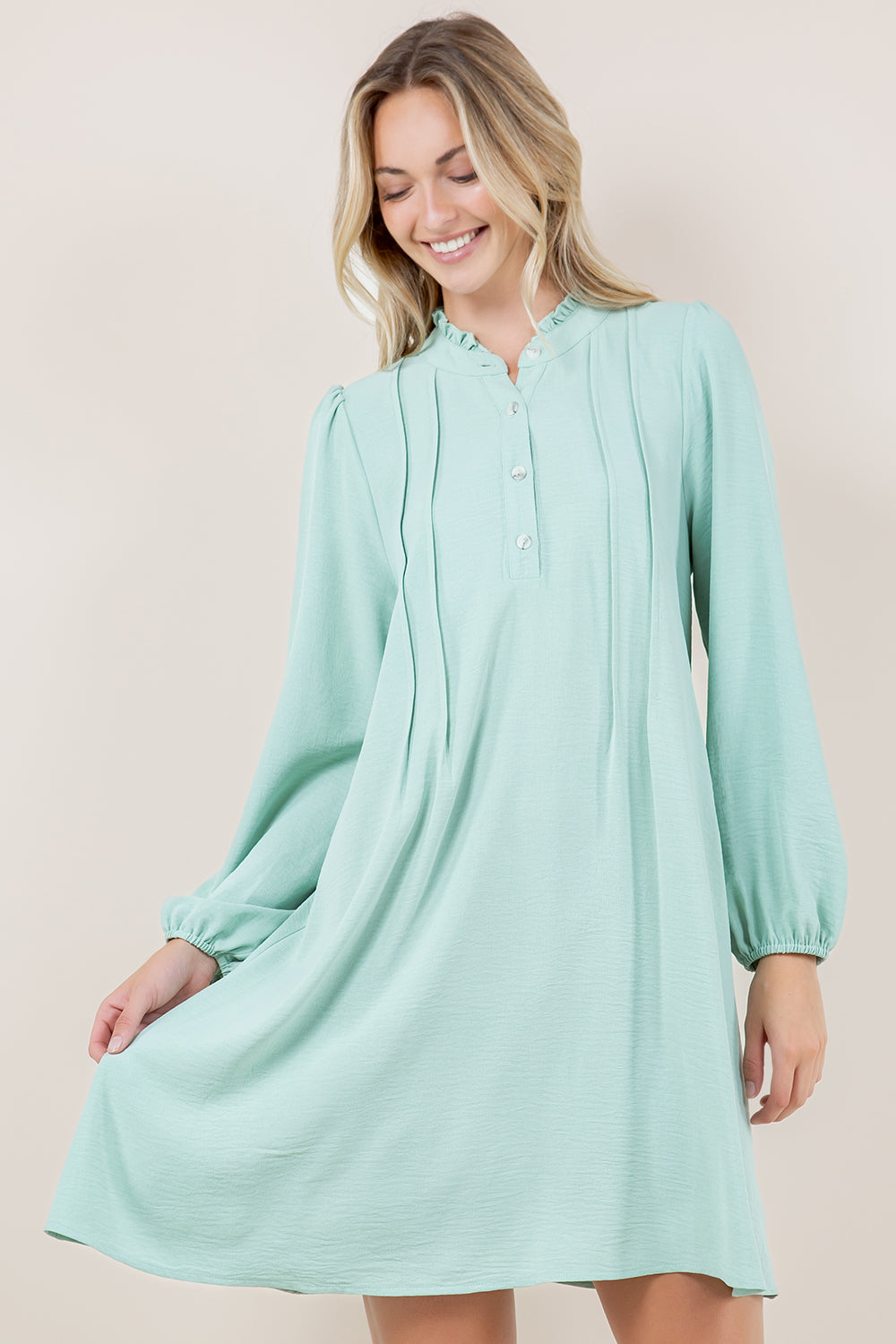 LS RUFFLE MANDARIN COLLAR TRAPEZE DRESS - D3503-AFLW
