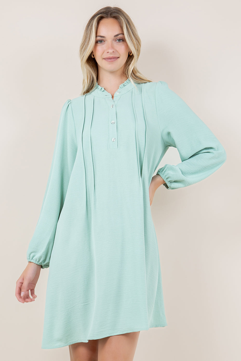 LS RUFFLE MANDARIN COLLAR TRAPEZE DRESS - D3503-AFLW