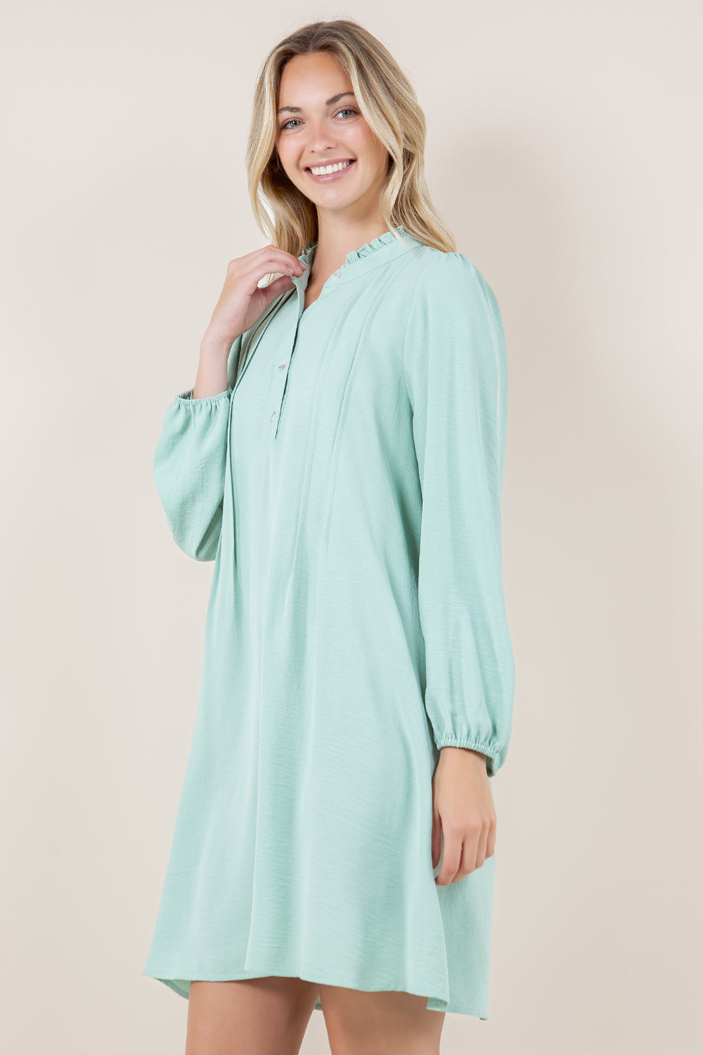 LS RUFFLE MANDARIN COLLAR TRAPEZE DRESS - D3503-AFLW