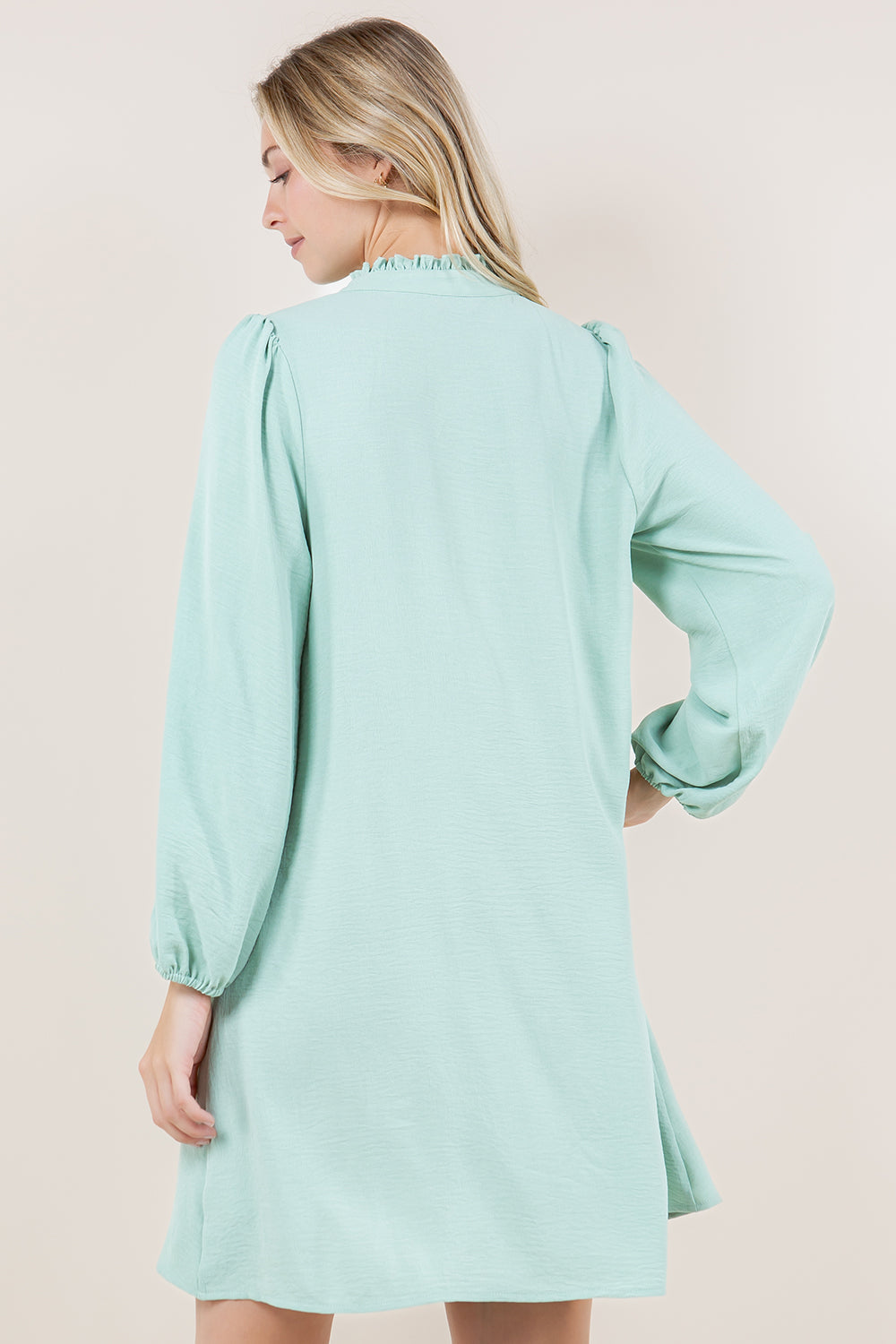 LS RUFFLE MANDARIN COLLAR TRAPEZE DRESS - D3503-AFLW