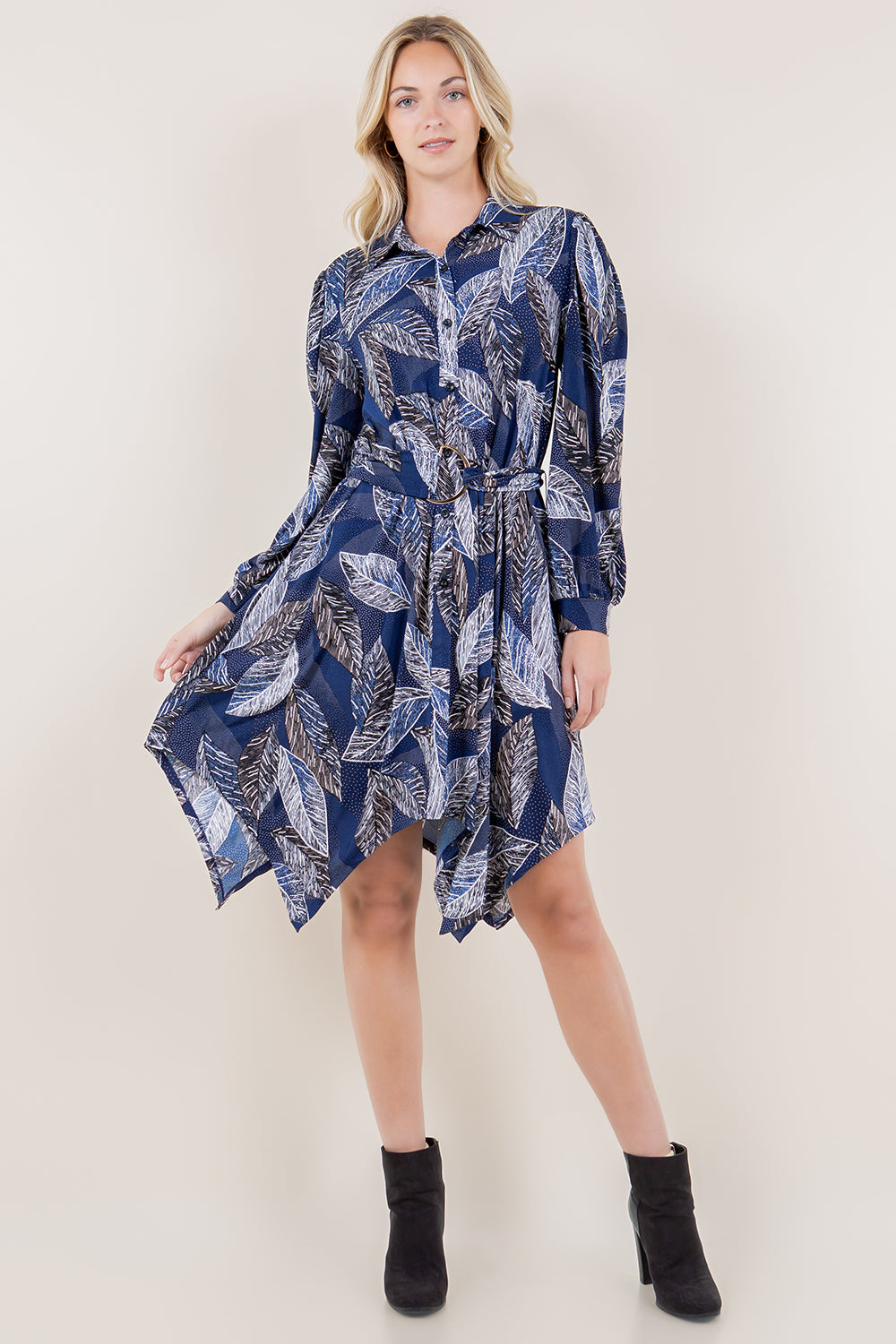 LS COLLAR NK BUTTON UP SHARK BITE SHIRT DRESS - D3513-A2986-1