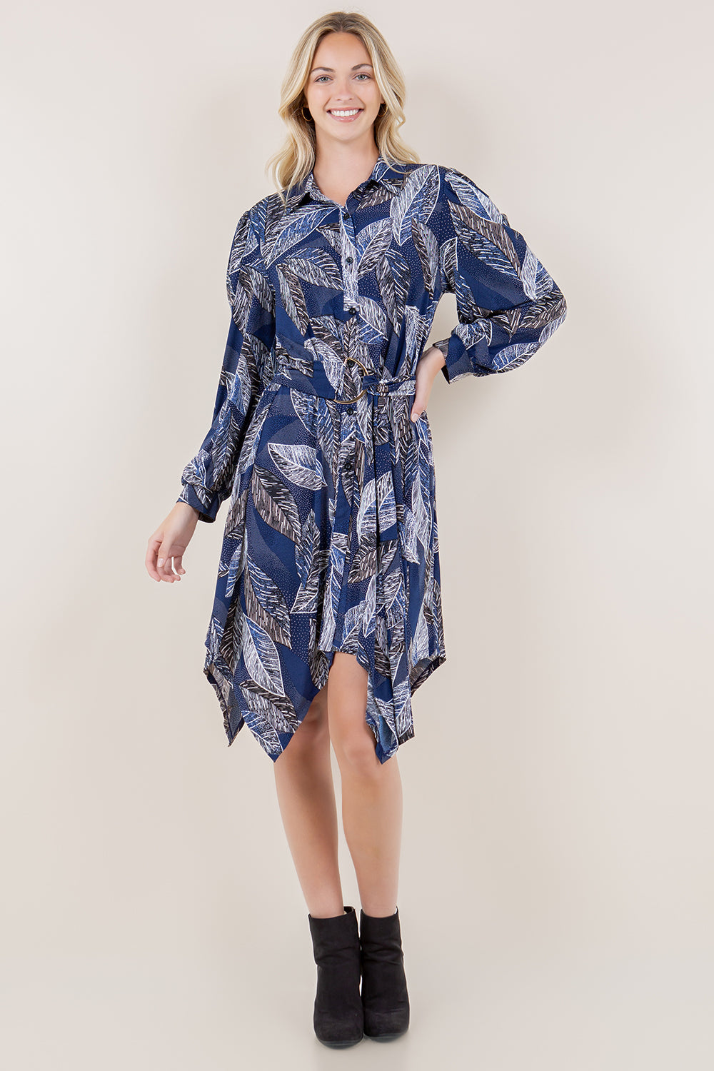 LS COLLAR NK BUTTON UP SHARK BITE SHIRT DRESS - D3513-A2986-1