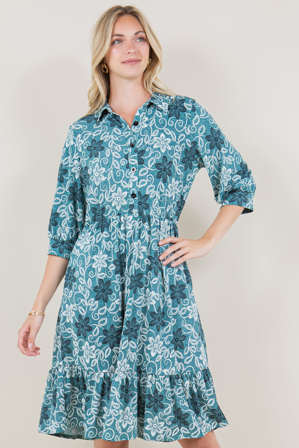 3/4 SLEEVE COLLAR NECK BUTTON TOP TIERED DRESS - D3514-A0877-2