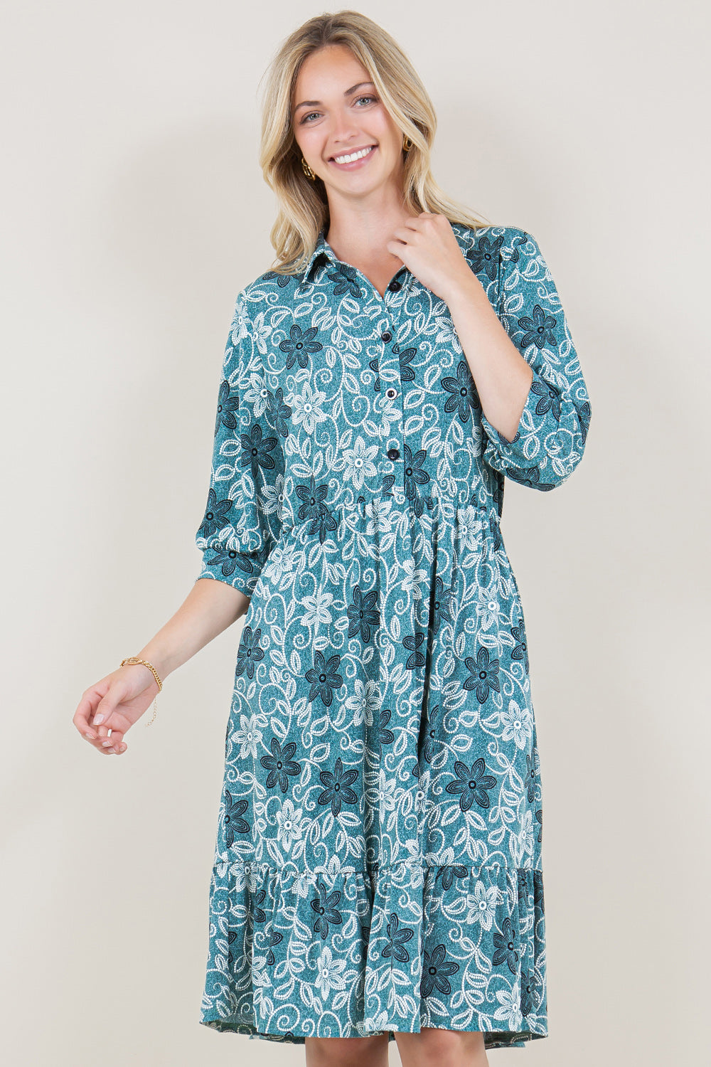 3/4 SLEEVE COLLAR NECK BUTTON TOP TIERED DRESS - D3514-A0877-2