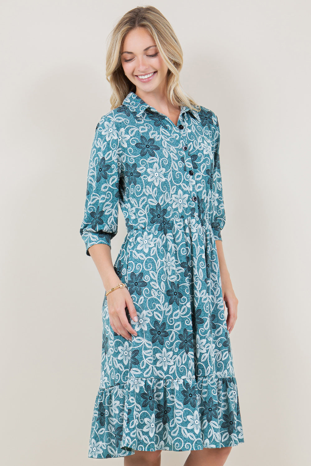 3/4 SLEEVE COLLAR NECK BUTTON TOP TIERED DRESS - D3514-A0877-2