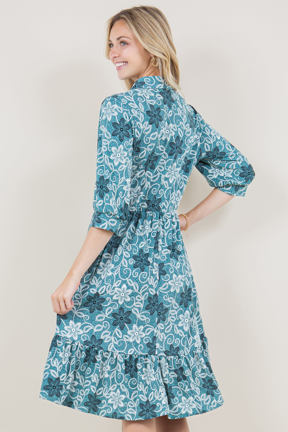 3/4 SLEEVE COLLAR NECK BUTTON TOP TIERED DRESS - D3514-A0877-2
