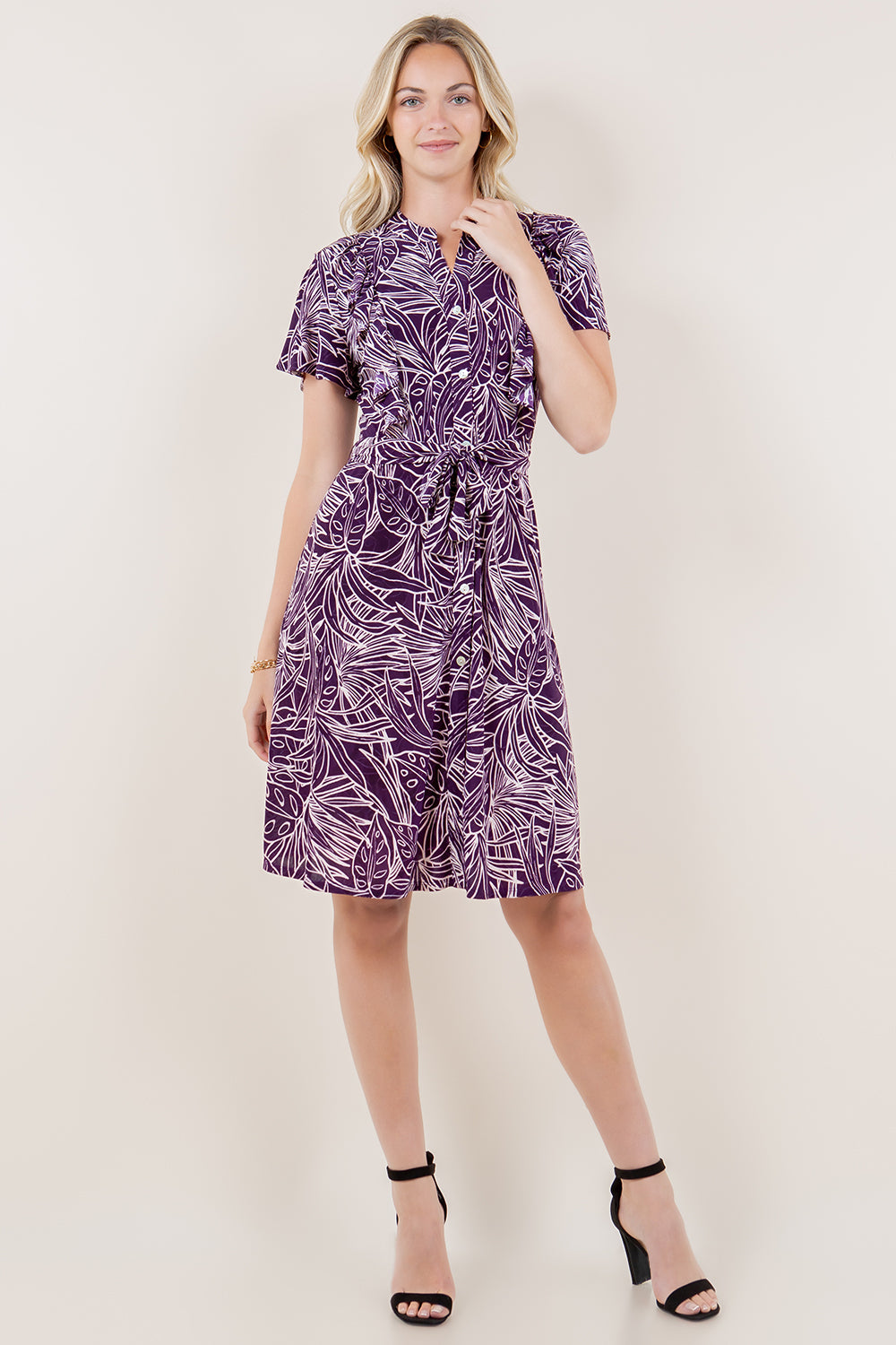SS FLUTTER MANDARIN COLLAR BUTTON UP SHIRT DRESS - D3515-1433-3