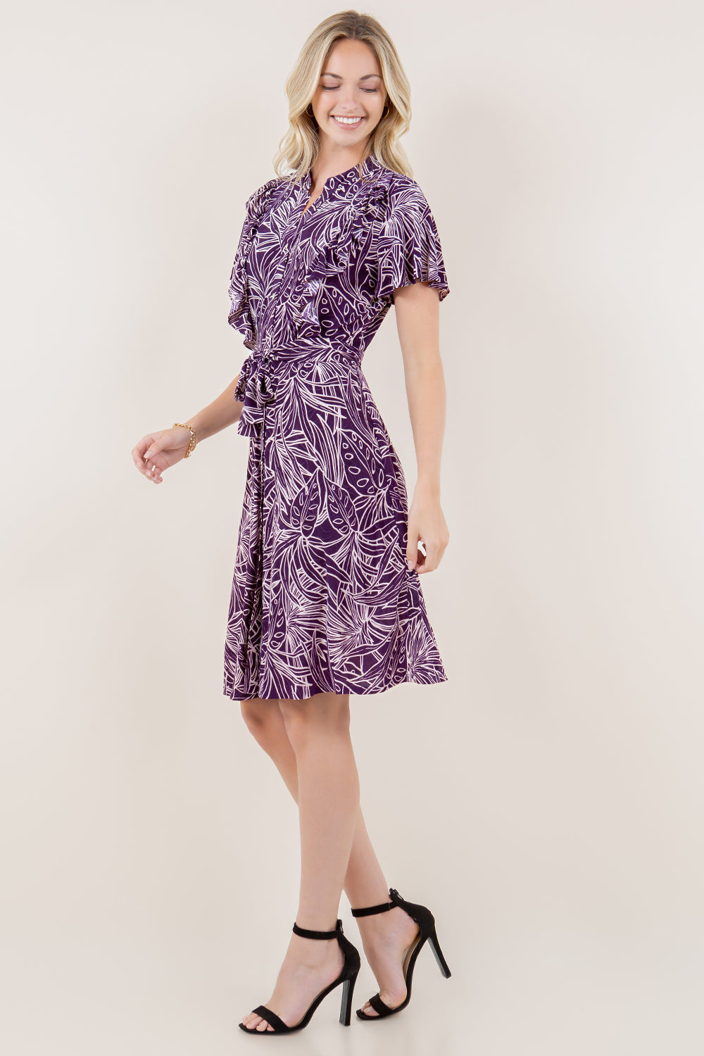 SS FLUTTER MANDARIN COLLAR BUTTON UP SHIRT DRESS - D3515-1433-3