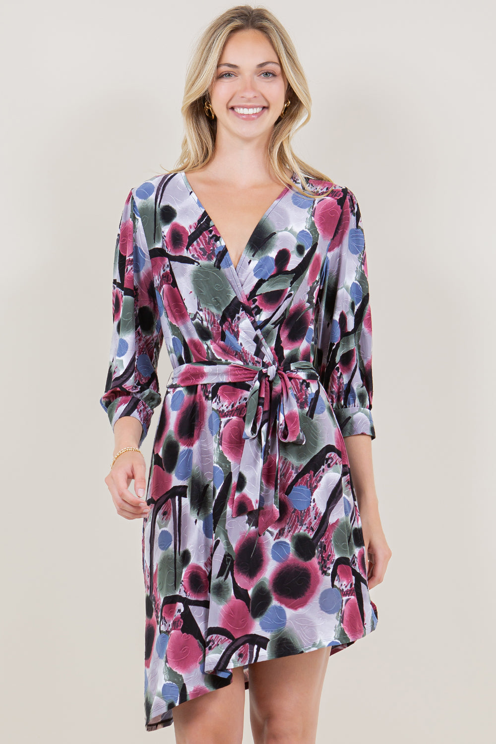 3/4 SLEEVE V-NECK WRAP TOP A-SYM DRESS - D3516-A4255-2