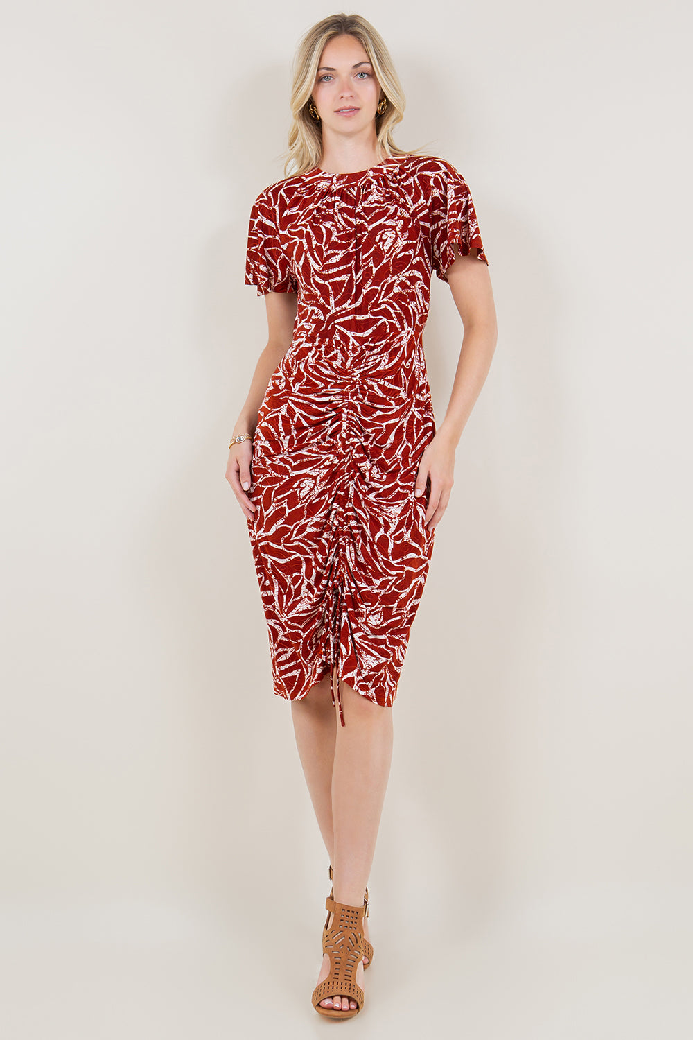 SS FLUTTER HI NECK RUCHED MID DRESS - D3517-A4484