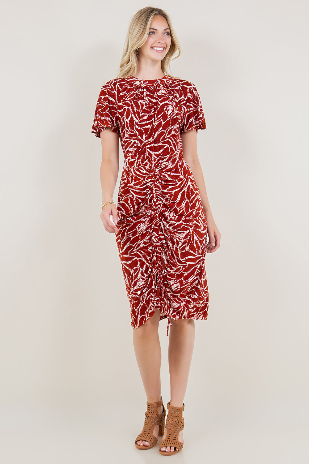 SS FLUTTER HI NECK RUCHED MID DRESS - D3517-A4484