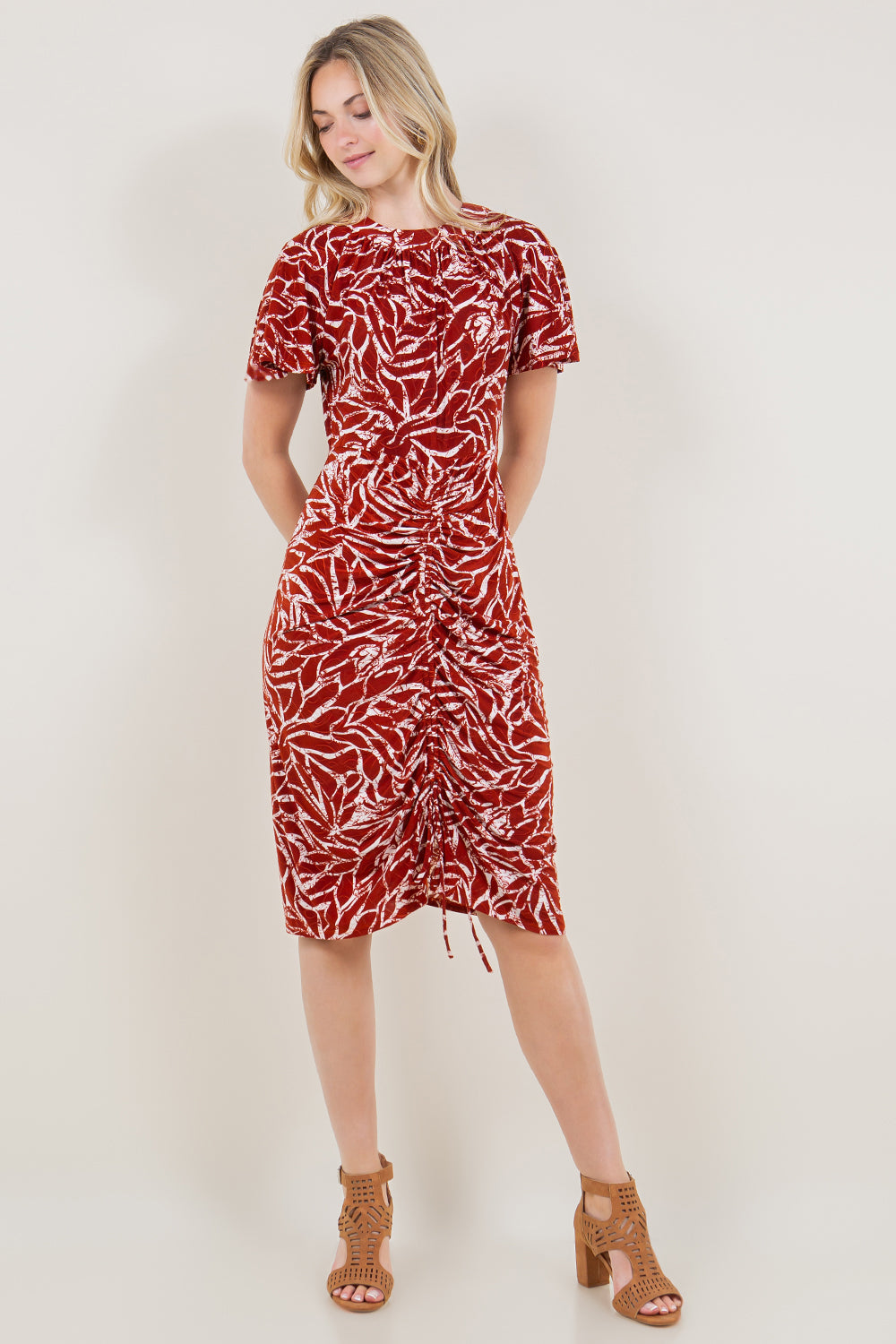 SS FLUTTER HI NECK RUCHED MID DRESS - D3517-A4484