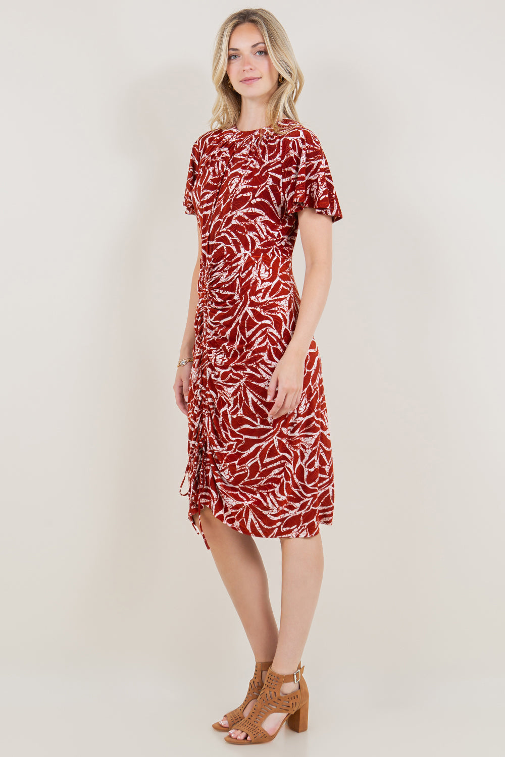 SS FLUTTER HI NECK RUCHED MID DRESS - D3517-A4484