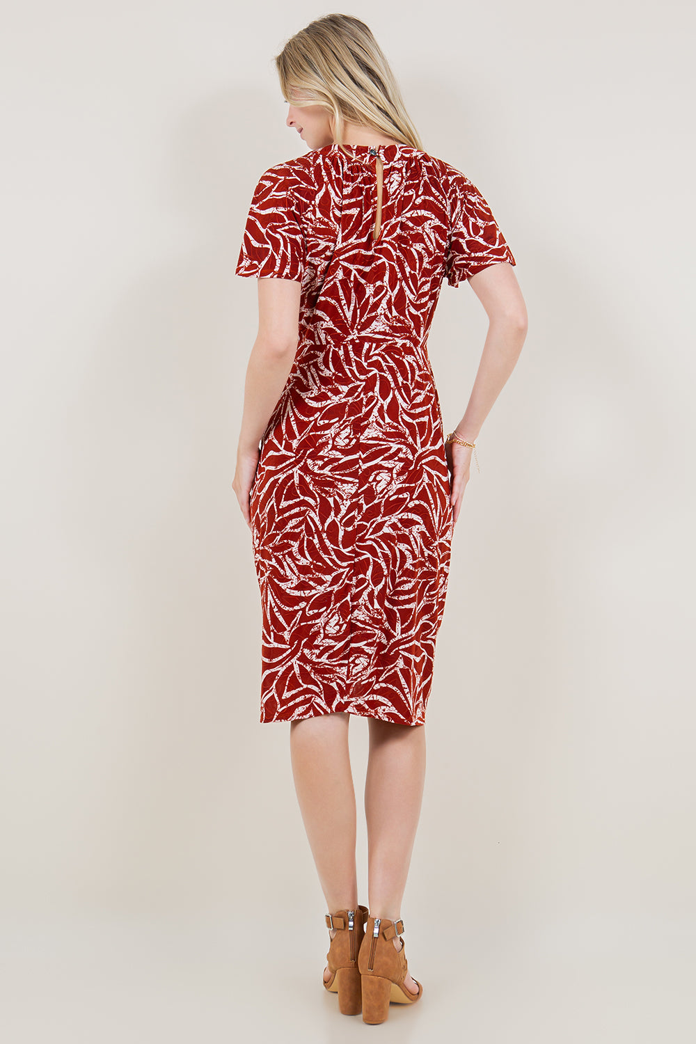SS FLUTTER HI NECK RUCHED MID DRESS - D3517-A4484