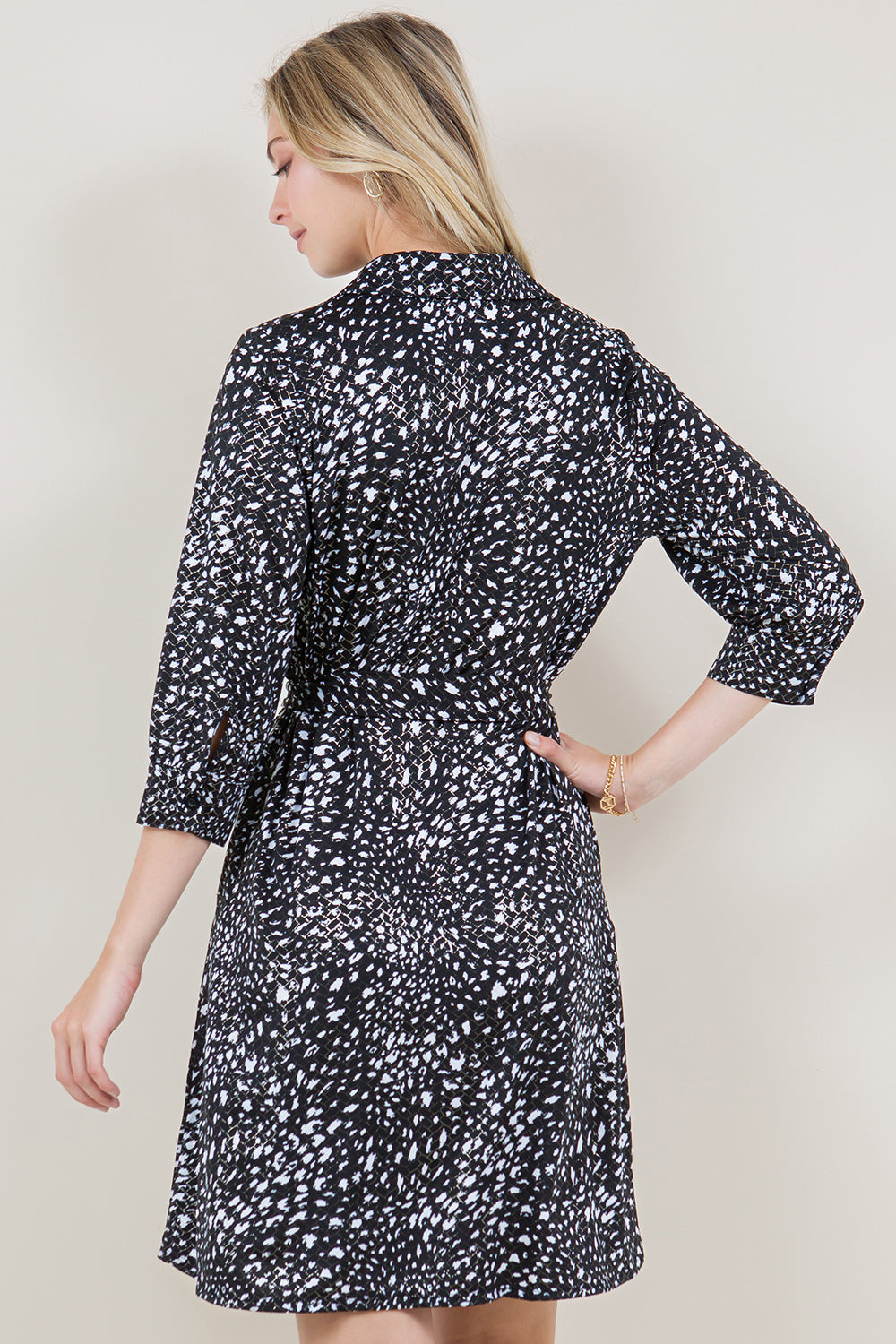 3/4 SLEEVE BUTTON UP TIE BELT SHIRT DRESS - D3526-A1427-1