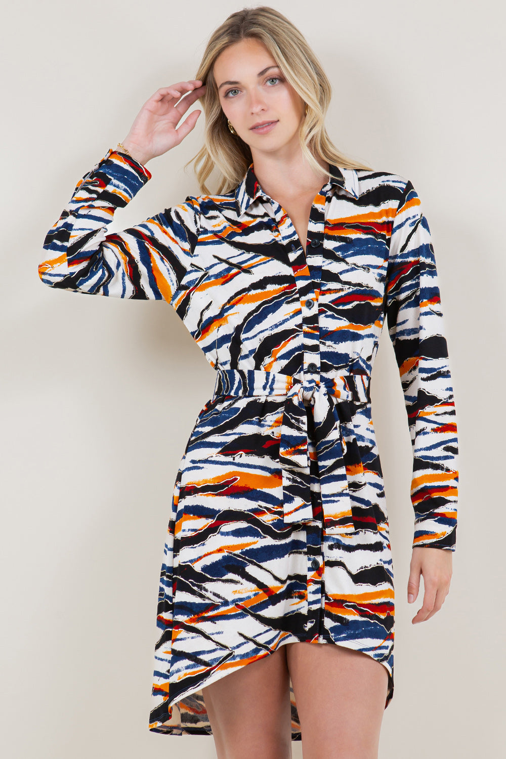 LS BUTTON UP TIE BELT SHIRT DRESS - D3527-89252
